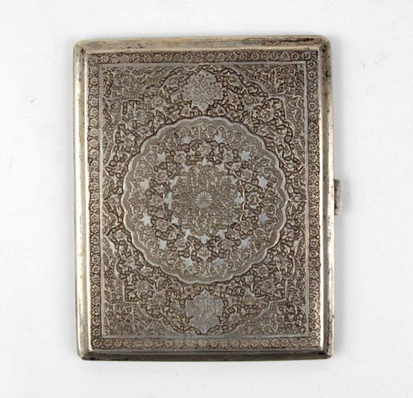Iranian silver cigarette case, front with center m: Iranian silver cigarette case, front with center medallion and all-over engraving, back with all-over bird, floral and foliate engraving, hallmarked inside, 4.56 troy oz , 3 1/4" x 4"