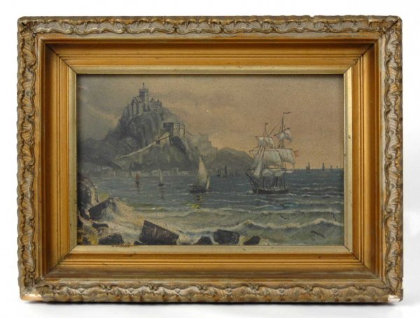 Continental School oil on board, seascape with cli: Continental School oil on board, seascape with clipper ship and sailboats, castle on hill in background, unsigned, framed, 18th to 19th C. European, image size 6" x 9", frame size 9" x 12".