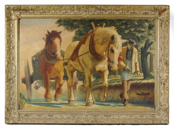 Franz Hammer oil on board, man with two horses pul: Franz Hammer oil on board, man with two horses pulling a wagon, "This will go to my son" on reverse, signed lower right, dated 1949, framed, 20th C., image size 23" x 34", frame size 30" x 40 1/2".