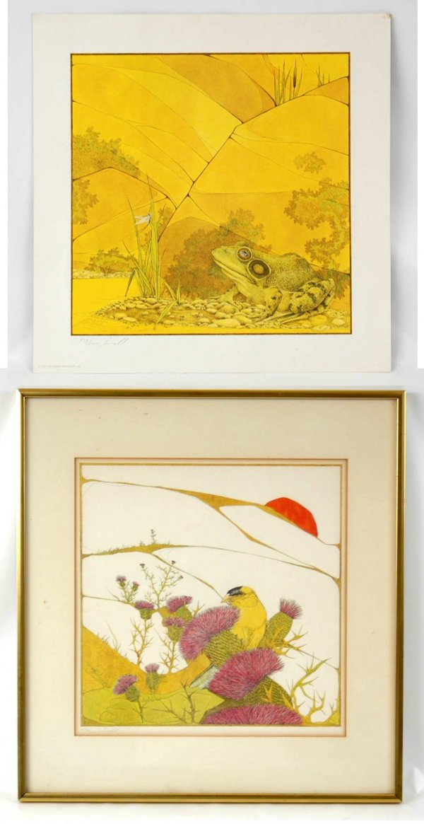 Peter Parnall, two lithographs on paper including : Peter Parnall, two lithographs on paper including bird, framed, image size 11" x 11", and frog, unframed, numbered 939/1000, image size 11" x 11", both signed lower left, from Greenwich Workshop, 20th