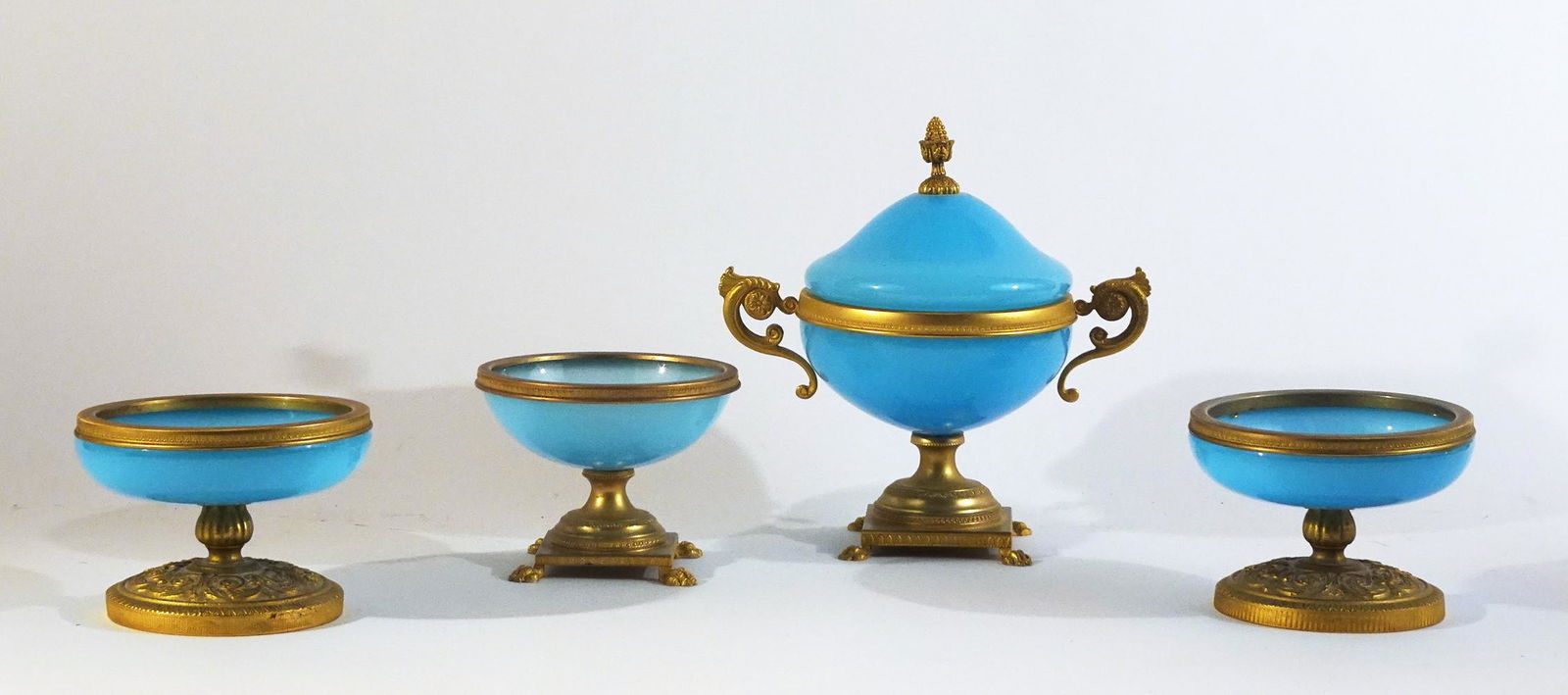 Opaline glass covered jar and three compotes (1 of 4)