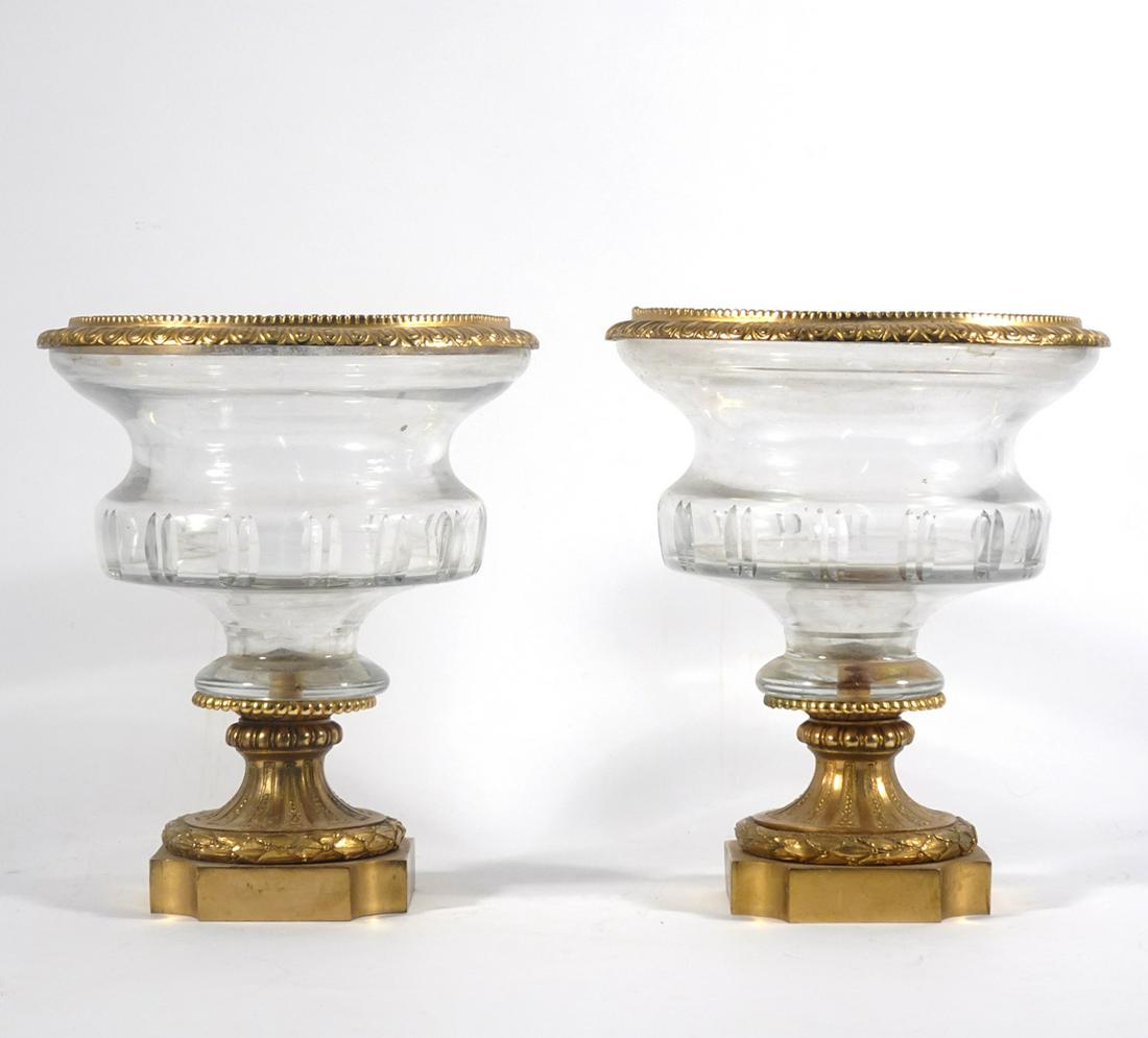 Pair of French bronze mounted crystal mantle urns (1 of 1)