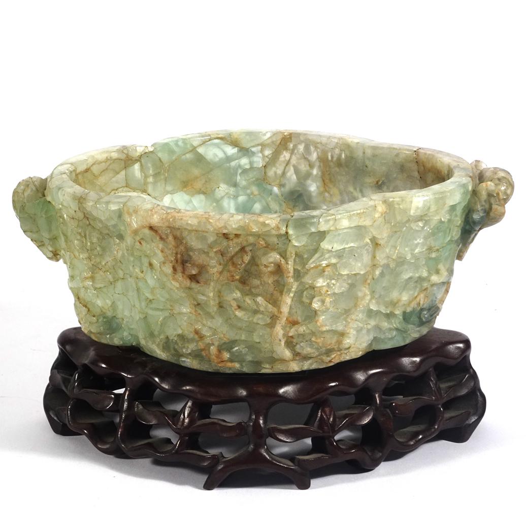 Chinese carved green quartz footed planter (1 of 2)