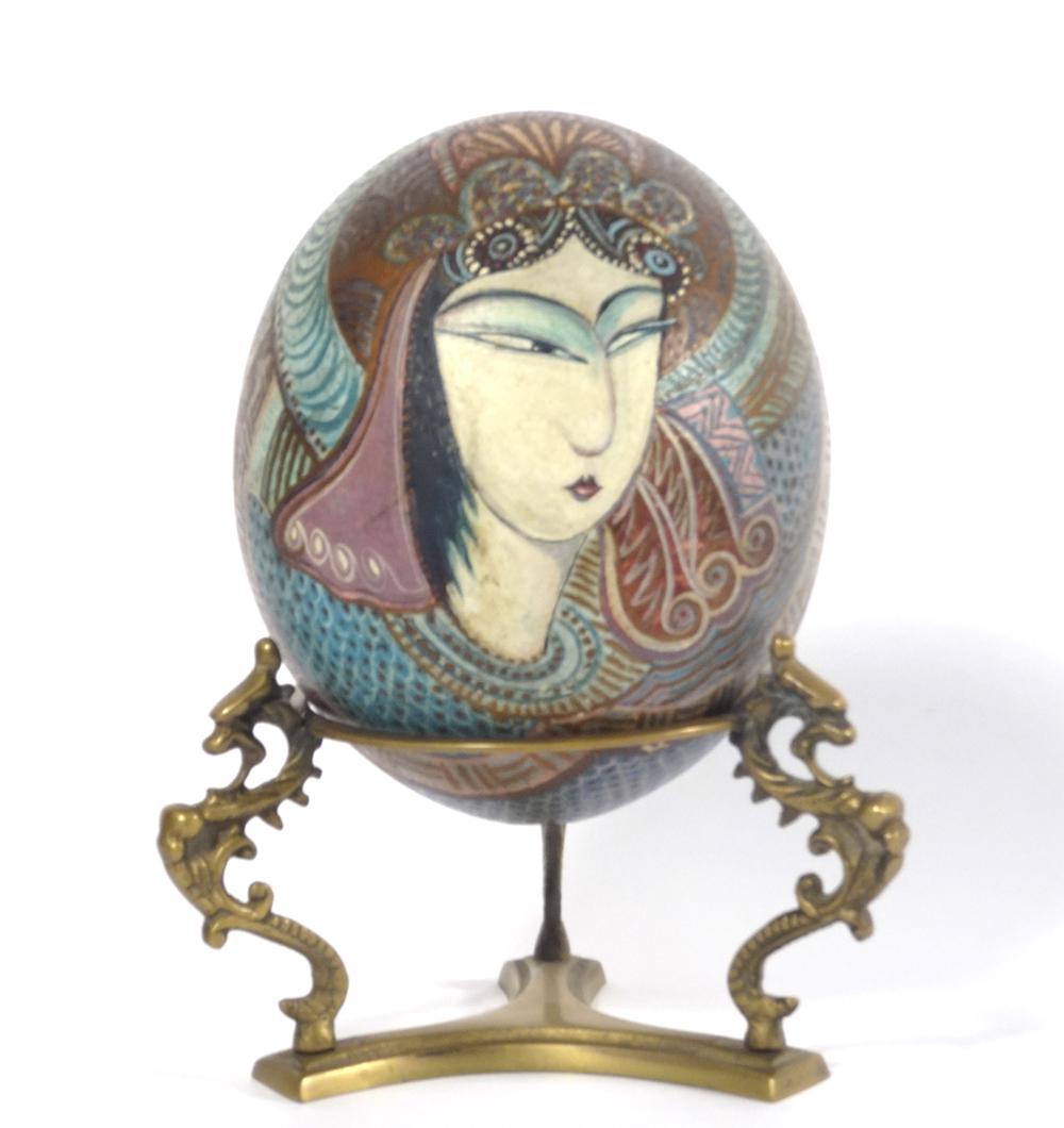 Artisan signed Ostrich egg on brass stand (1 of 2)