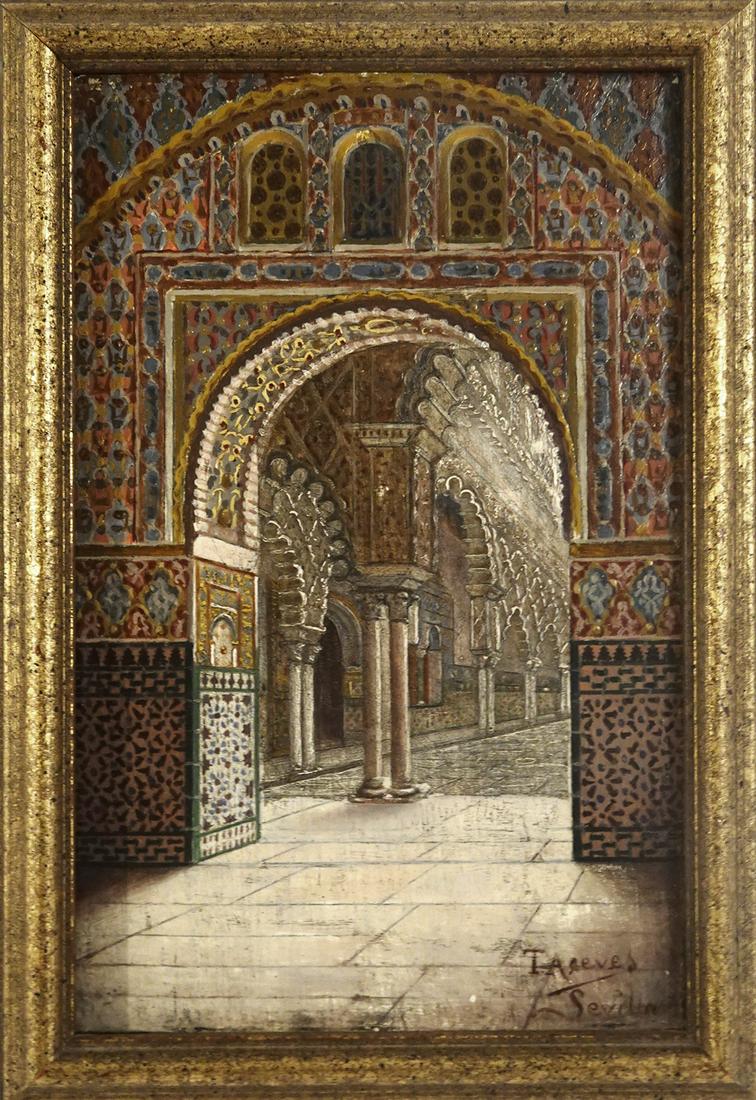 T. (Tomas) Aceves oil on board: T. (Tomas) Aceves oil on board "Sevilla", signed lower right, late 19th C., Spain, sight size 6 3/4" x 4 1/4", frame size 7 3/4" x 5 1/4"