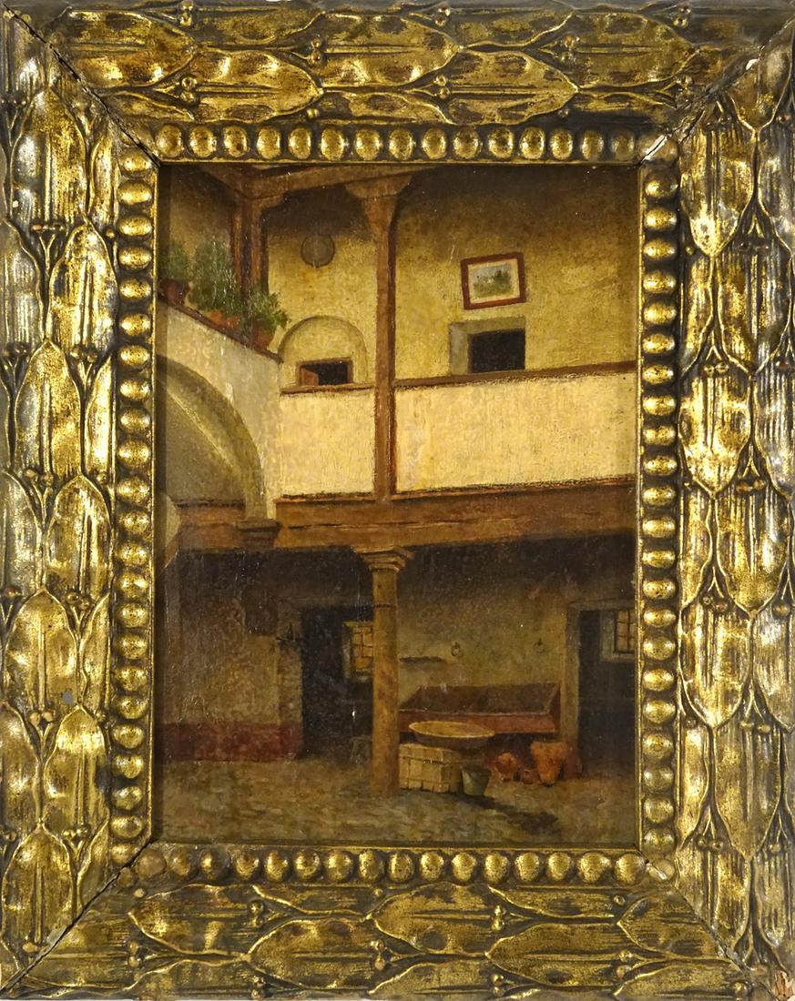 Continental School oil on board: Continental School oil on board, interior, unsigned, sight size 10" x 7", frame size 13 3/4" x 11"