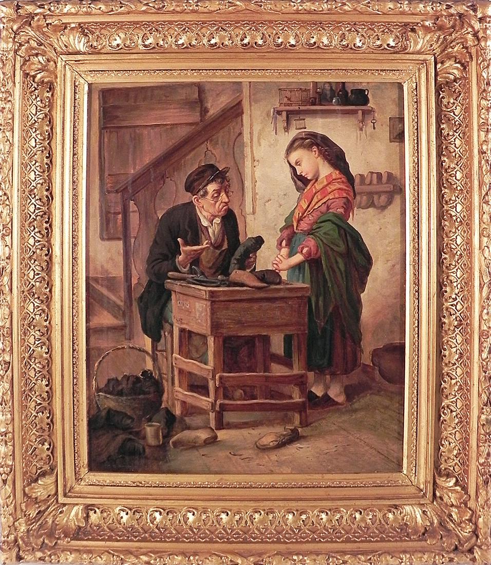 Continental School oil on canvas: Continental School oil on canvas, cobbler with young woman examining shoes, sight size 19 1/2" x 14 1/2", frame size 26" x 23"