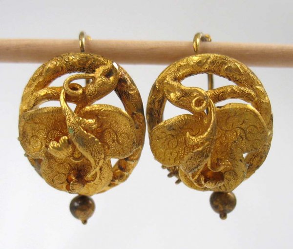 Victorian 14k gold earrings, mid 19th century, lea: Victorian 14k gold earrings, mid 19th century, leaf design, original pierced leverbacks, 7/8" long, small round drop, unmarked, test 14, weight 3.5 dwt/5.5 grams