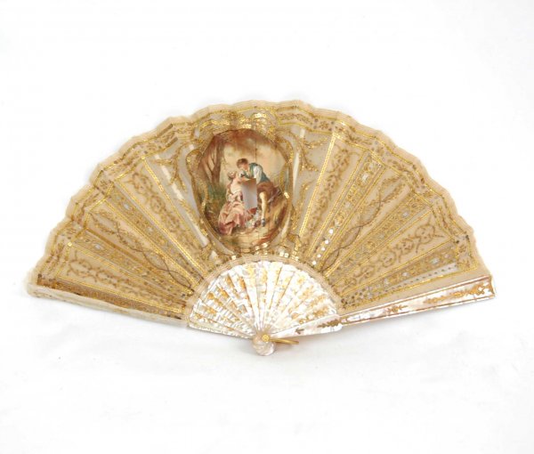 Tiffany hand painted mother of pearl fan with 14k : Tiffany hand painted mother of pearl fan with 14k gold handle, early 20th C., lace background with gold beading and hand painted courting scene, mother of pearl frame with gold decoration, 8" long to 