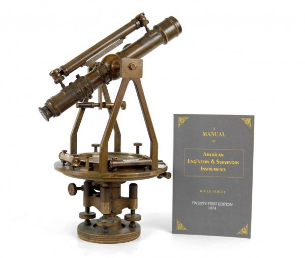 W. & L.E. Gurley brass transit, with booklet: Brass transit by W. & L.E. Gurley. Marked "Irwin & Leighton Philadelphia, PA" on the scope. Measures 12" tall with shifting tripod head. With A Manual of American Engineers & Surveyors Instruments by