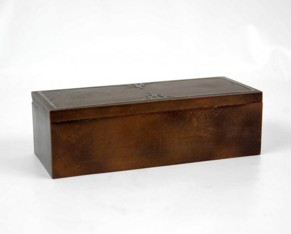 Heintz Art hinged humidor, Art Nouveau, silver ove: Heintz Art hinged humidor, Art Nouveau, silver overlay on lid, mahogany lined interior, impressed mark on bottom and 4095, Sterling on Bronze, Pat. Aug 27, '12, 2 1/2" high x 8 1/2" x 3 1/2"