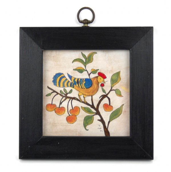 D. (David) Y. E. (Ellinger) watercolor on paper, b: D. (David) Y. E. (Ellinger) watercolor on paper, blue and yellow bird on cherry tree branch with red cherry in beak, signed lower right, image size 5 1/2" x 5 1/2", frame size 8 1/2" x 8 1/2"