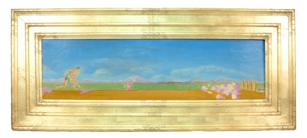 Frank Ponstingl (Franz Jozef) canvas mounted on ma: Frank Ponstingl (Franz Jozef) canvas mounted on masonite "The Egg Roller", title and artist's name printed in pencil on reverse, image size 11 1/2" x 41 1/2", frame size 23" x 54"