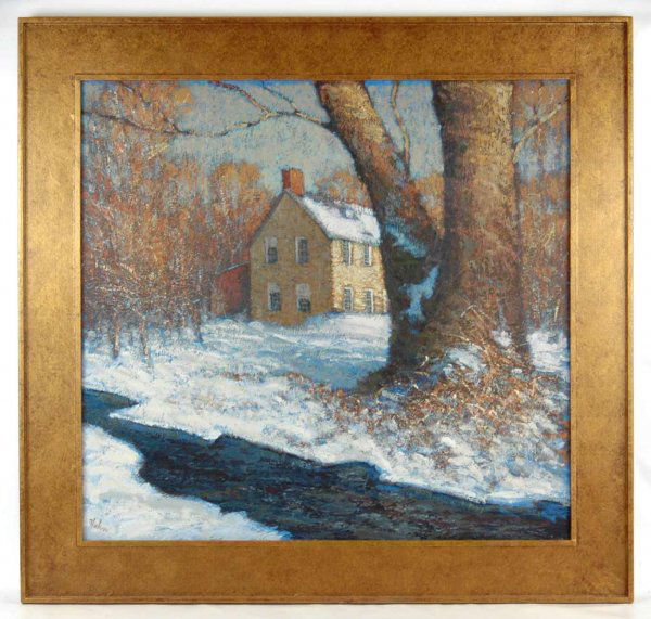 David Hahn acrylic on canvas "Farmhouse in Winter": David Hahn acrylic on canvas "Farmhouse in Winter", image size 32" x 34",artist's frame, frame size 40" x 42", artist's signature and title of painting on stretcher