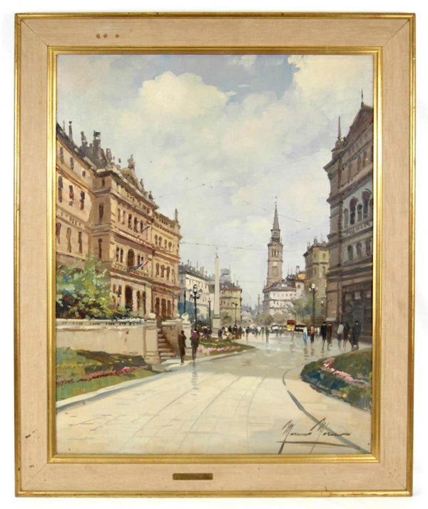 Mariano Moreno oil on canvas street scene, signed: Mariano Moreno oil on canvas street scene, signed lower right, image size 30" x 24", frame size 36" x 29 1/2", partial label on reverse