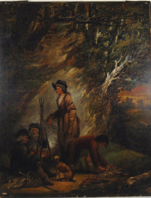 George Morland oil on canvas ""Gypsy Encampment",: George Morland oil on canvas ""Gypsy Encampment", image size 49" x 39", unframed, late 18th C.