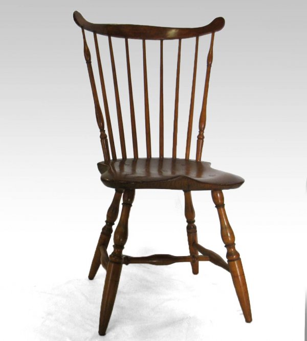 Cherry Windsor side chair, saddle seat, turned leg: Cherry Windsor side chair, saddle seat, turned legs and stretcher, 36" high x 16 1/2" across x 16 1/4" deep, early to mid 19th C.