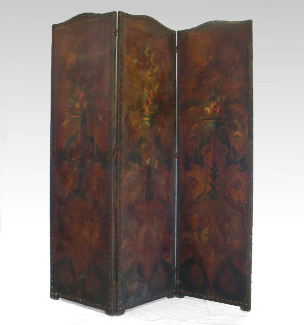 Three panel hand painted leather screen, each pane: Three panel hand painted leather screen, each panel with floral still life, tacks around each panel, 71 1/2" x 60", early to mid 20th C.