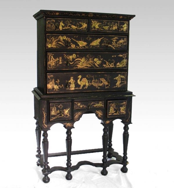 William and Mary style highboy by G.L. Sawyer Ltd.: William and Mary style highboy by G.L. Sawyer Ltd., chinoiserie decorated, overhanging rectangular top over a pair of short drawers above three graduated long drawers, on fitted base with centered dra