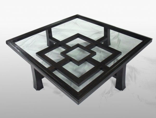McGuire Ventana glass top table by Orlando Diaz-Az: McGuire Ventana glass top table by Orlando Diaz-Azcuy, No. 491, square glass top on four Chinese splay legs, maze or trelliage base, dark walnut finish, butterfly joints, label on base, 18 1/2" high x