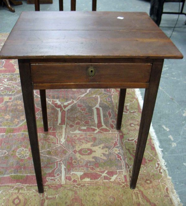 Federal poplar work table: rectangular top over one drawer with brass escutcheon, square tapered legs, 28 1/4" high x 24" x 20 1/2", early to mid 19th C.