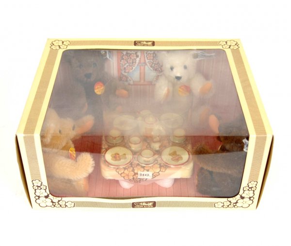 Steiff bear tea party in original box, includes fo: Steiff bear tea party in original box, includes four bears (two brown, one white and one tan) seated around table with Steiff bear tea set, in original box, Style No. 0204/16, Limited Edition, #443