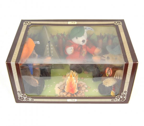 Steiff Nimrod Teddy, set of three bears sitting ar: Steiff Nimrod Teddy, set of three bears sitting around a campfire beside tent, all with Nimrod Teddy tags, Limited Edition, in original box