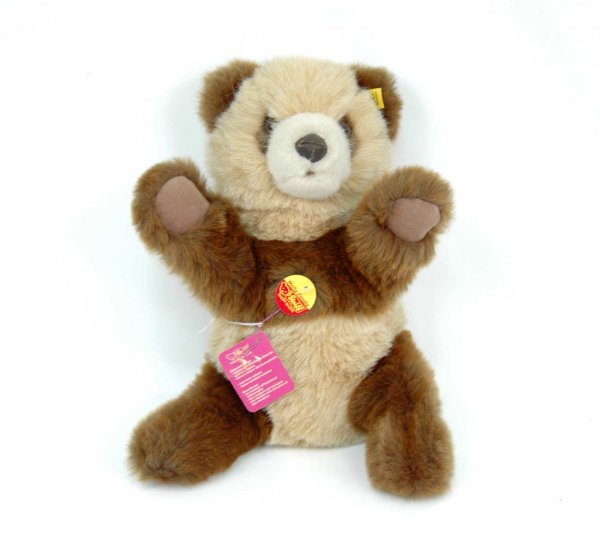Steiff panda, brown and tan, 14", gold ear button : Steiff panda, brown and tan, 14", gold ear button with cloth tag, paper hang tag "Molly Panda" and additional paper hang tag