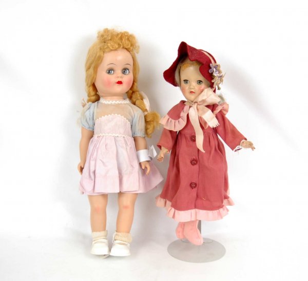 Hard plastic walker doll, 17", unmarked, working c: Hard plastic walker doll, 17", unmarked, working crier, flirty eyes, blonde hair, dress probably original and hard plastic Ideal doll, marked on back P-90, wig as is, clothing not original