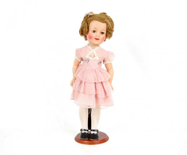 Shirley Temple vinyl doll, 19", marked on back of: Shirley Temple vinyl doll, 19", marked on back of head "IDEAL DOLL, ST-19-1", sleep eyes, open mouth, wearing pink ruffled dress, pink and white striped panties, socks and shoes