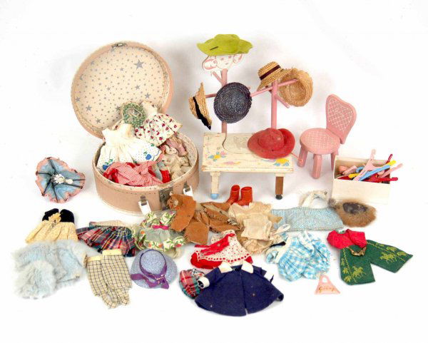 Ginny furniture and accessories including two Ginn: Ginny furniture and accessories including two Ginny coat racks, one missing top hat holder, wooden chair, Ginette Tender baby seat, parasol (as is), pair of black shoes, nine tagged outfits, six untag