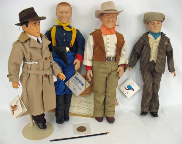 Four Effanbee character dolls, including James Cag: Four Effanbee character dolls, including James Cagney, John Wayne American Guardian of the West, John Wayne, American, Symbol of the west, and Humphrey Bogart, all with wrist tags, no boxes