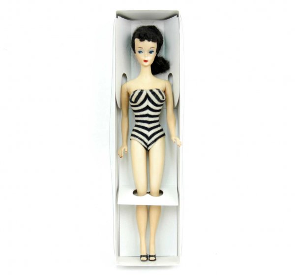 Number Three brunette Ponytail Barbie, with black : Number Three brunette Ponytail Barbie, with black and white striped bathing suit and black shoes, body dated MCMLVIII (1958), blue eye liner, some wear to lipstick and nail polish, original Ponytail
