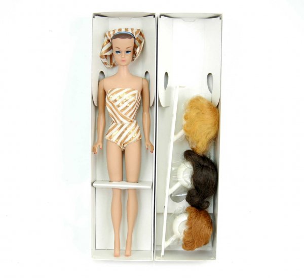 Fashion Queen Barbie with three wigs, wig stand, g: Fashion Queen Barbie with three wigs, wig stand, gold and white striped bathing suit and head scarf, dated 1959,1962