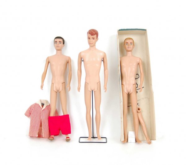Allan and two Ken Flocked Hair dolls including: A: Allan and two Ken Flocked Hair dolls including: Allan with reddish brown molded hair, some wear to hair, dent on right hip at back, where leg is attached; brunette Flocked Hair Ken, right arm separate