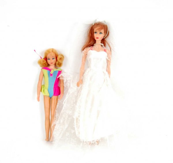 Titian/red haired Twist 'n Turn Barbie, blonde Dra: Titian/red haired Twist 'n Turn Barbie, blonde Dramatic New Living Skipper: Barbie marked "1966 Mattel Made in Japan", wear to eyelashes, lips and nail polish, hair needs restyling, with tagged Weddin