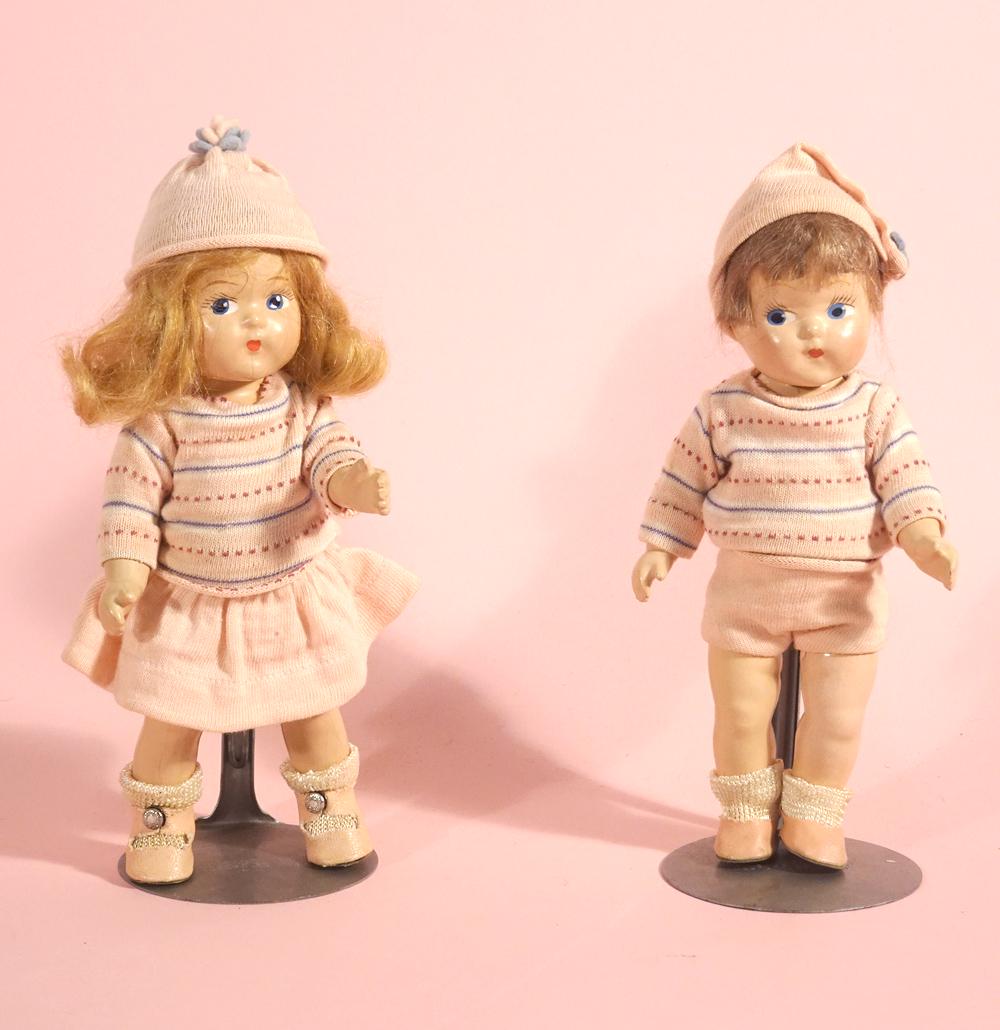 Pair 1940's Vogue composition Brother and Sister twins: Pair 1940's Vogue composition Brother and Sister twins, 7 1/2", tagged outfits