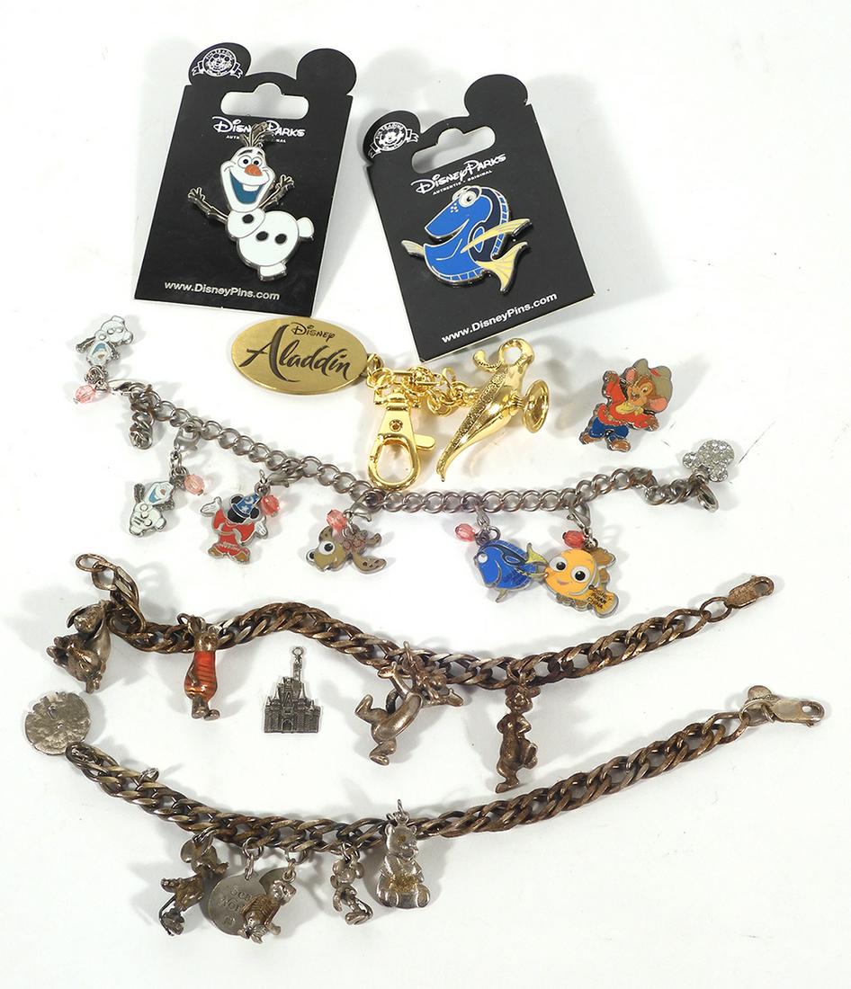 1960's -2000's Disney charms and collector trading pins: 1960's -2000's Disney charms and collector trading pins (some are sterling silver). The first charm bracelet has four of the Winnie-the-Pooh characters (Eeyore, Piglet, Tigger, and Rabbit). The second