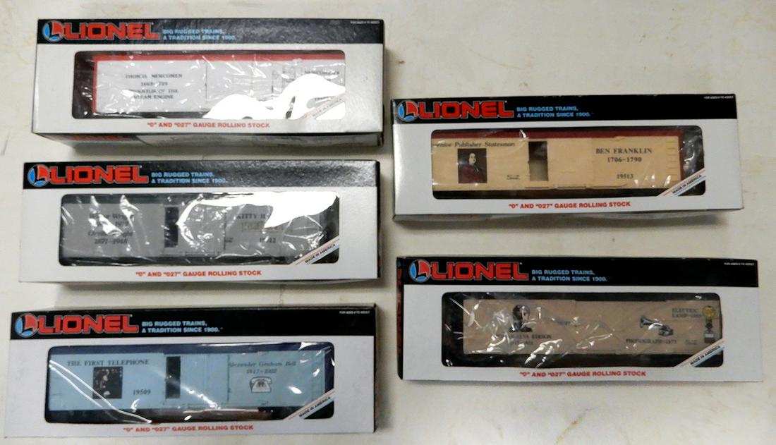 Five 1989 Lionel O gauge Inventor series box cars: Five 1989 Lionel O gauge Inventor series box cars in original boxes. Lot consists of: #19507 Thomas Edison box car, a #19509 Alexander Graham Bell box car, a #19506 Thomas Newcomen box car, #19513 Ben