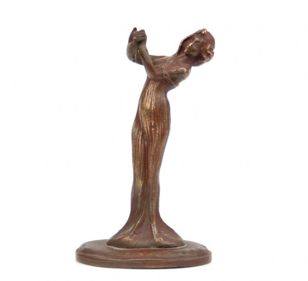 Art Nouveau figural bronze pocket watch holder, mar: Art Nouveau figural bronze pocket watch holder, marked on base, "ACME WH 12", 5" high x 2 7/8" across x 1 7/8" deep, late 19th to early 20th C.