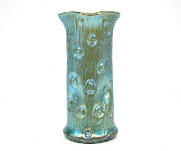 Loetz type green iridescent art glass vase, polish: Loetz type green iridescent art glass vase, polished pontil, unsigned, tree trunk form, 9 5/8" high x 4 3/4" diameter, early 20th C.