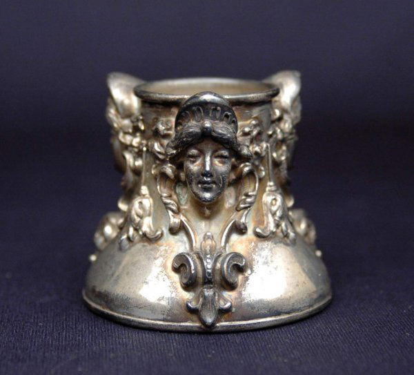 Art Nouveau sterling silver toothpick holder, thre: Art Nouveau sterling silver toothpick holder, three female mask decoration, marked Sterling, 898 and unknown hallmark on bottom, C.1900, 2" high x 2 1/2" diameter