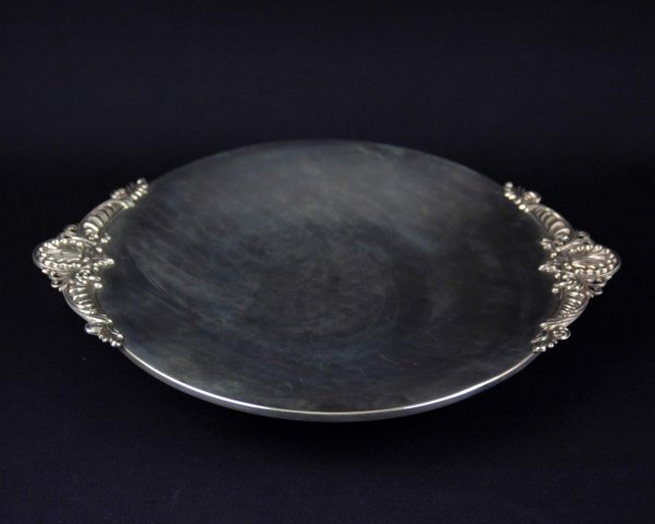 Black, Starr & Gorham sterling silver cake stand, : Black, Starr & Gorham sterling silver cake stand, shell and scroll handles, footed base, 2" high x 10" diameter, 12 1/2" at handles, 19.147 troy oz. C. 1900