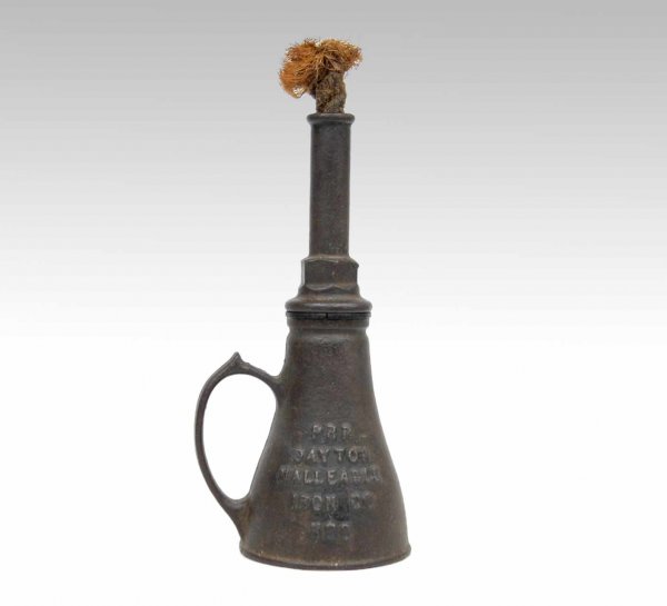 Pennsylvania Railroad torch, with rope type wick a: Pennsylvania Railroad torch, with rope type wick and removable top to add fuel, top unscrews for filling, marked "PRR Dayton Malleable Iron Co H80, 10 1/2" high including wick, 9" without wick, x 4 1/