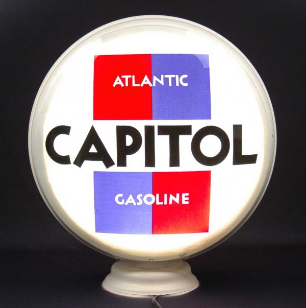 Atlantic Gasoline glass gas pump globe, with metal: Atlantic Gasoline glass gas pump globe, with metal base for attaching to pump, double sided with other logo, 19 3/4" high x 18" across x 8" deep, early to mid 20th C.