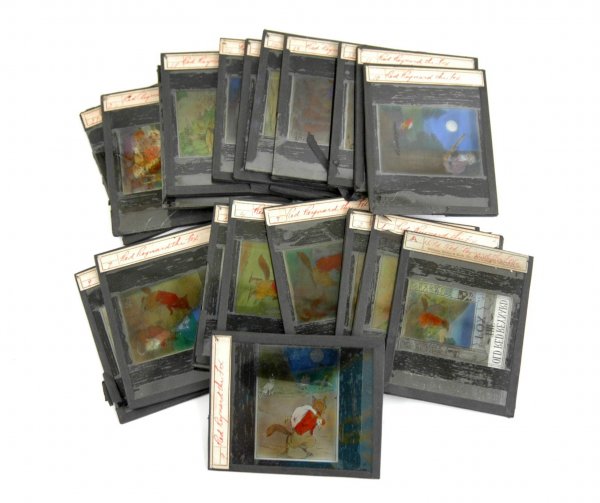 Set of 21 colored Magic Lantern glass slides "Red : Set of 21 colored Magic Lantern glass slides "Red Reynard the Fox", by Howard E. Altemus, numbers 1 through 27 plus title page (missing #17, 20, 21, 22, 23, 25 and 26), slides measure 3 1/4" x 4", cop