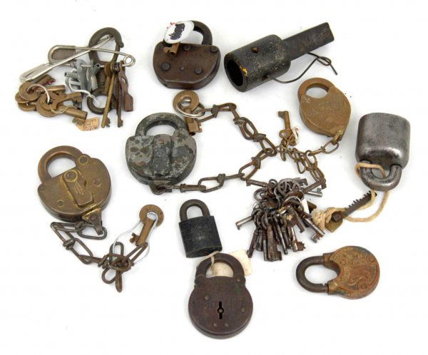 Grouping of ten railroad locks and assorted keys,: Grouping of ten railroad locks and assorted keys, various railroads and makers, late 19th C to mid 20th C.