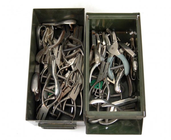 Grouping of 34 railroad conductor ticket hole punc: Grouping of 34 railroad conductor ticket hole punches, various makers