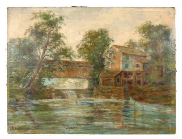 E. (Eugene) E. Speicher oil on canvas "The Covered: E. (Eugene) E. Speicher oil on canvas "The Covered Bridge", signed lower left, image size 30" x 39 1/2", unframed, early 20th C., artist's information on reverse
