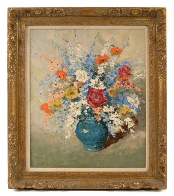 R. Pas oil on canvas adhered to masonite board, fl: R. Pas oil on canvas adhered to masonite board, floral bouquet, signed lower right, image size 24" x 20", frame size 31" x 27"